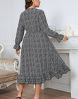 Plus Size Printed V-Neck Flounce Sleeve Midi Dress - Online Only