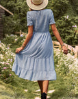 Swiss Dot Smocked Round Neck Short Sleeve Midi Dress - Online Only
