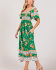 SAGE + FIG Printed Smocked Short Sleeve Midi Dress