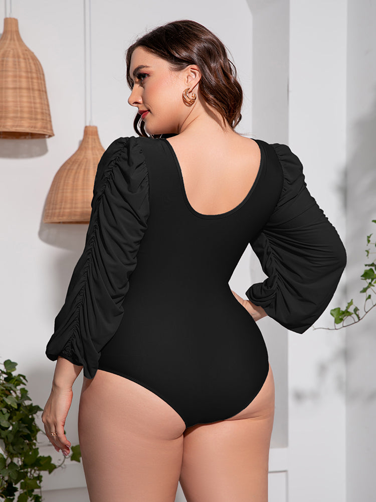 Plus Size Tied Deep V Balloon Sleeve One-Piece Swimsuit - Online Only