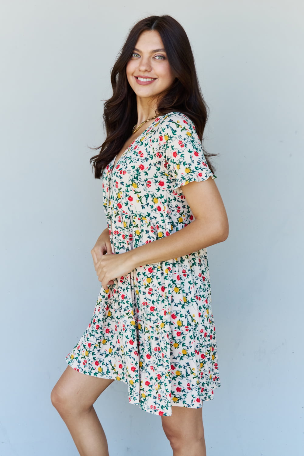 V-Neck Ruffle Sleeve Floral Dress - Online Only