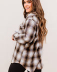 Plaid Button-Up Curved Hem Shirt with Breast Pockets - Online Only